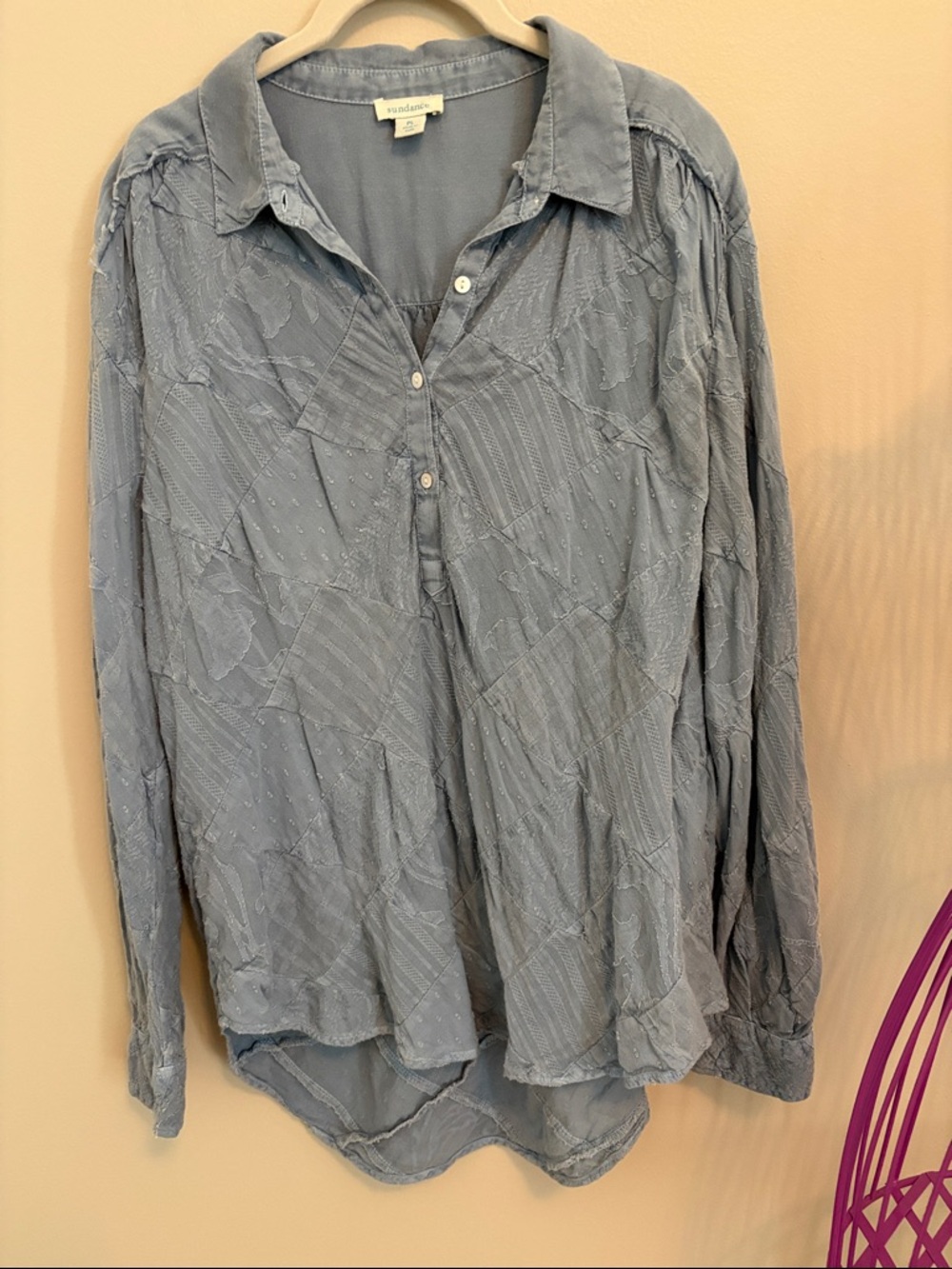 Sundance Light Blue Long-Sleeve Textured Patchwork Shirt